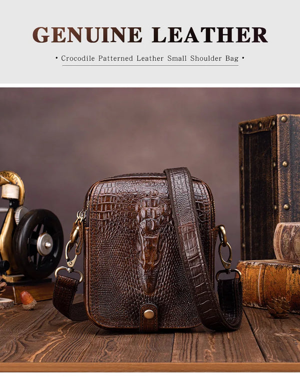 Petit sac à l'épaule en cuir de crocodile marron foncé posé sur une surface en bois.