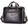 A dark brown genuine cowhide leather briefcase bag with leather straps and a flap closure.