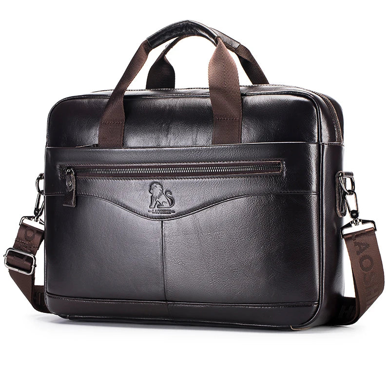 A dark brown genuine cowhide leather briefcase bag with leather straps and a flap closure.