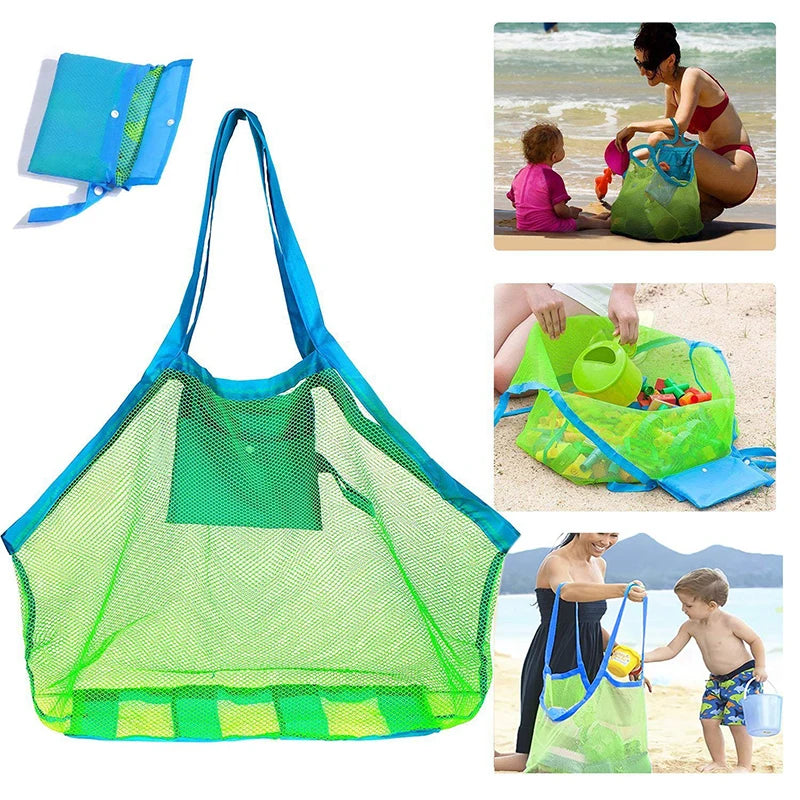 A bright green mesh bag used for beach storage and carrying toys, shown in various contexts.