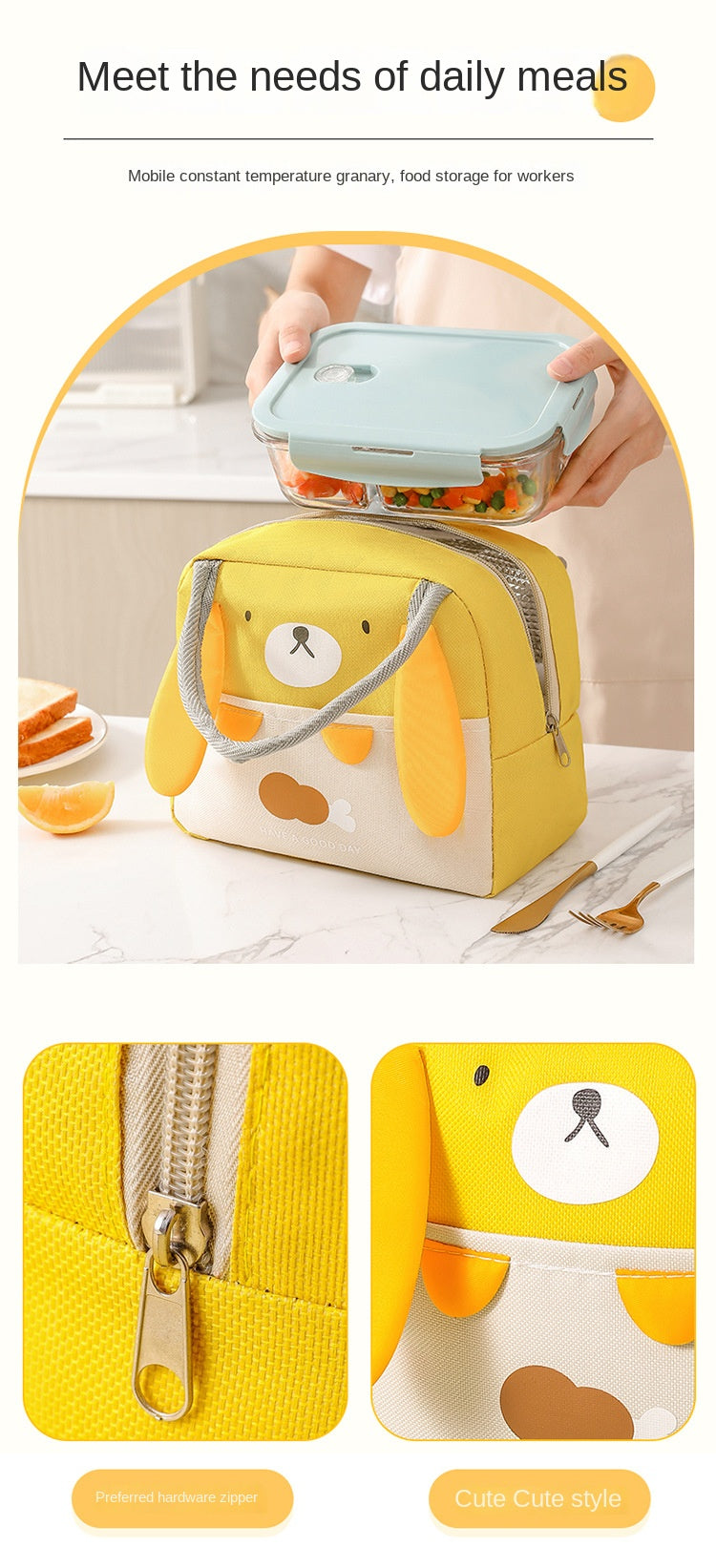 A yellow insulated thermal lunch bag with a bear design is shown being held, next to a glass container of food.