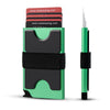 A green card wallet with a black strap and a green metal pop-up card holder next to a green pen.