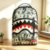 A black and white backpack featuring a design of stacked US dollar bills and a stylized tooth pattern.