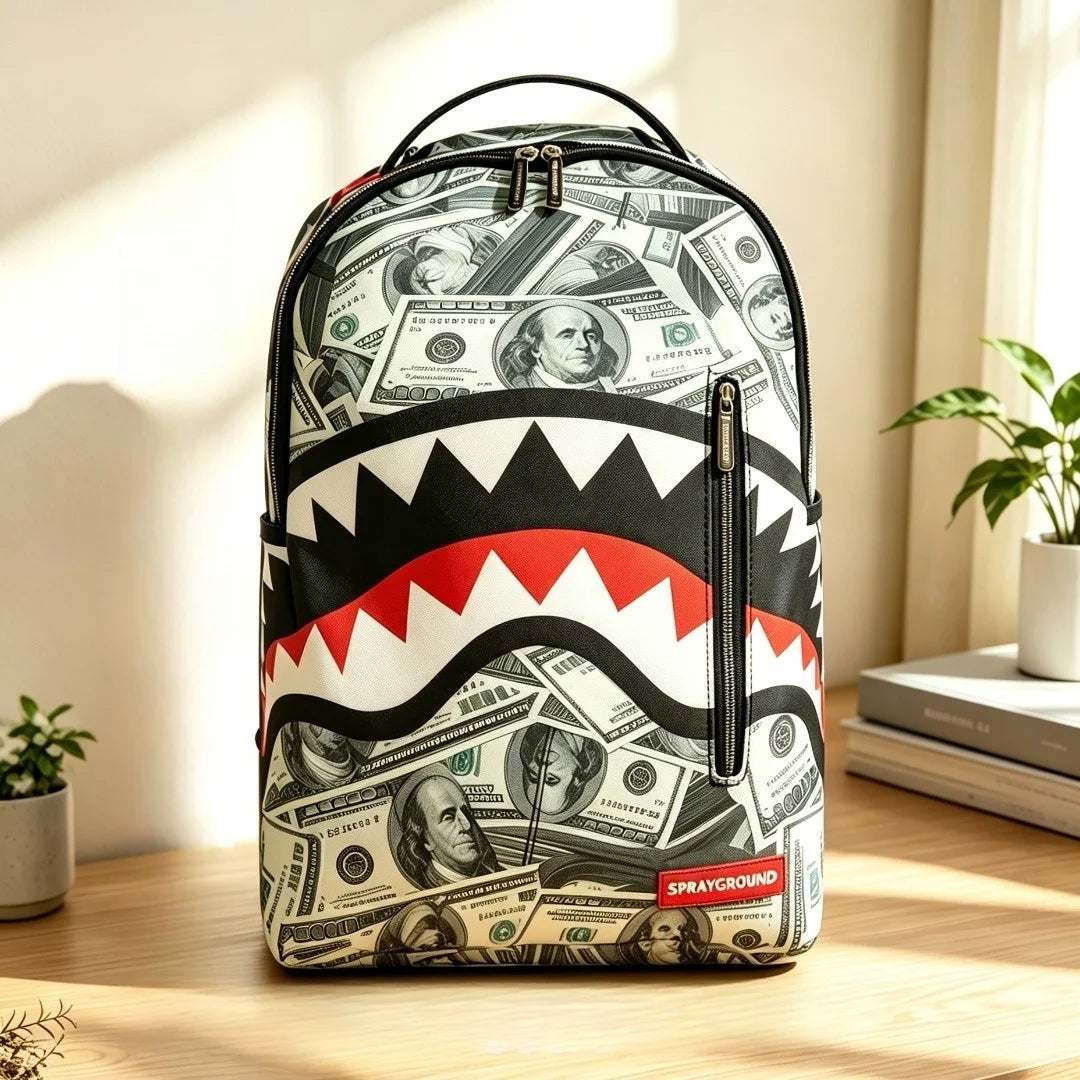 A black and white backpack featuring a design of stacked US dollar bills and a stylized tooth pattern.
