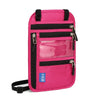 A bright pink RFID-blocking travel neck wallet with adjustable strap and multiple zippered compartments.
