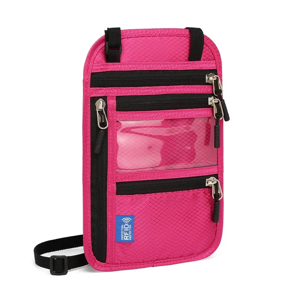 A bright pink RFID-blocking travel neck wallet with adjustable strap and multiple zippered compartments.
