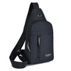 Black water-resistant casual chest bag with a zippered phone pocket and adjustable strap.