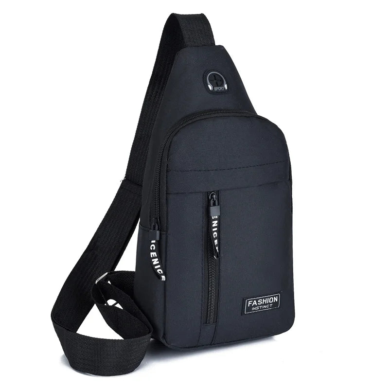 Black water-resistant casual chest bag with a zippered phone pocket and adjustable strap.