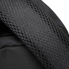 Close-up of a black durable unisex leisure shoulder backpack fabric with a mesh pattern.
