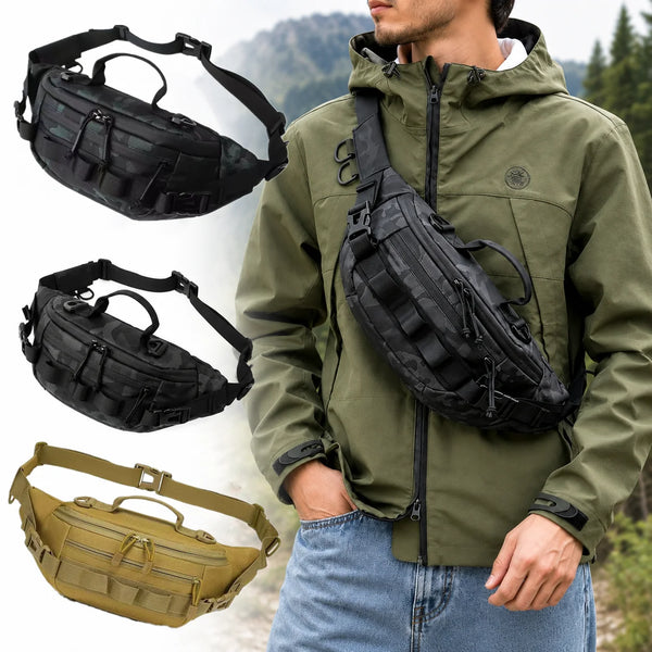 A man wears a olive green jacket while holding various tactical sling waist packs, including black and olive green models.