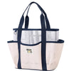 A beige mesh beach tote bag with dark navy handles and trim.