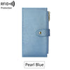 A light blue RFID protection bi-fold wallet with a leather strap and gold accent.