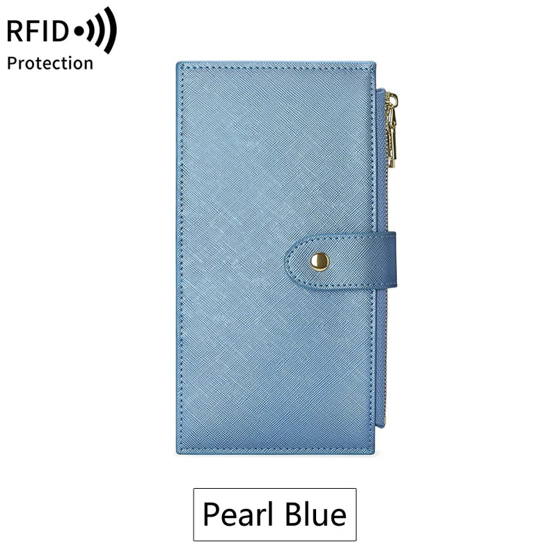 A light blue RFID protection bi-fold wallet with a leather strap and gold accent.