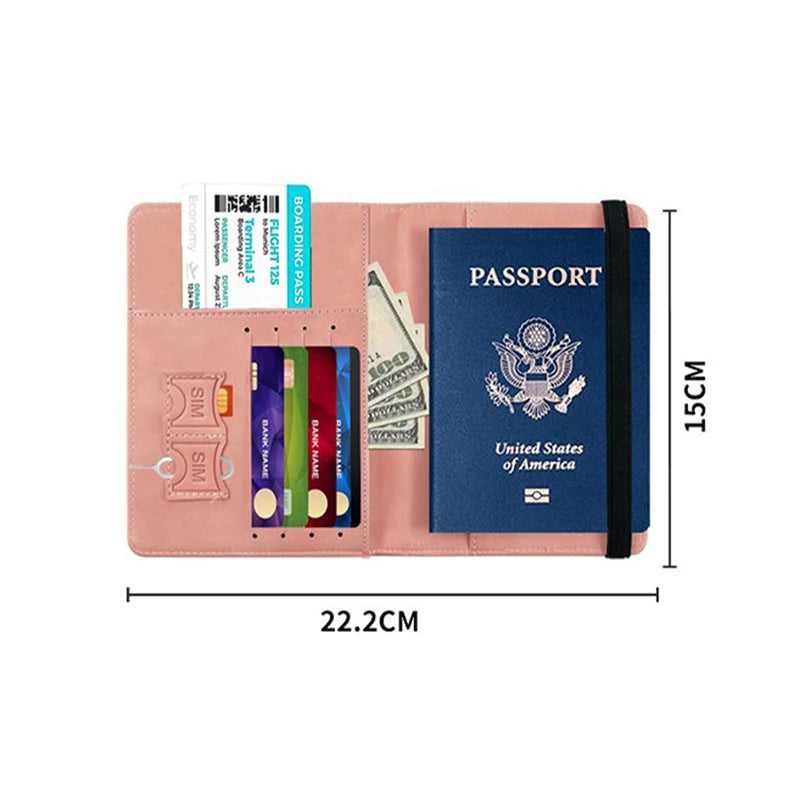 Pinkes Multifunktions-PU-Pass- und ID-Wallet-Cover mit Fächern für Dokumente und einem schwarzen Riemen.