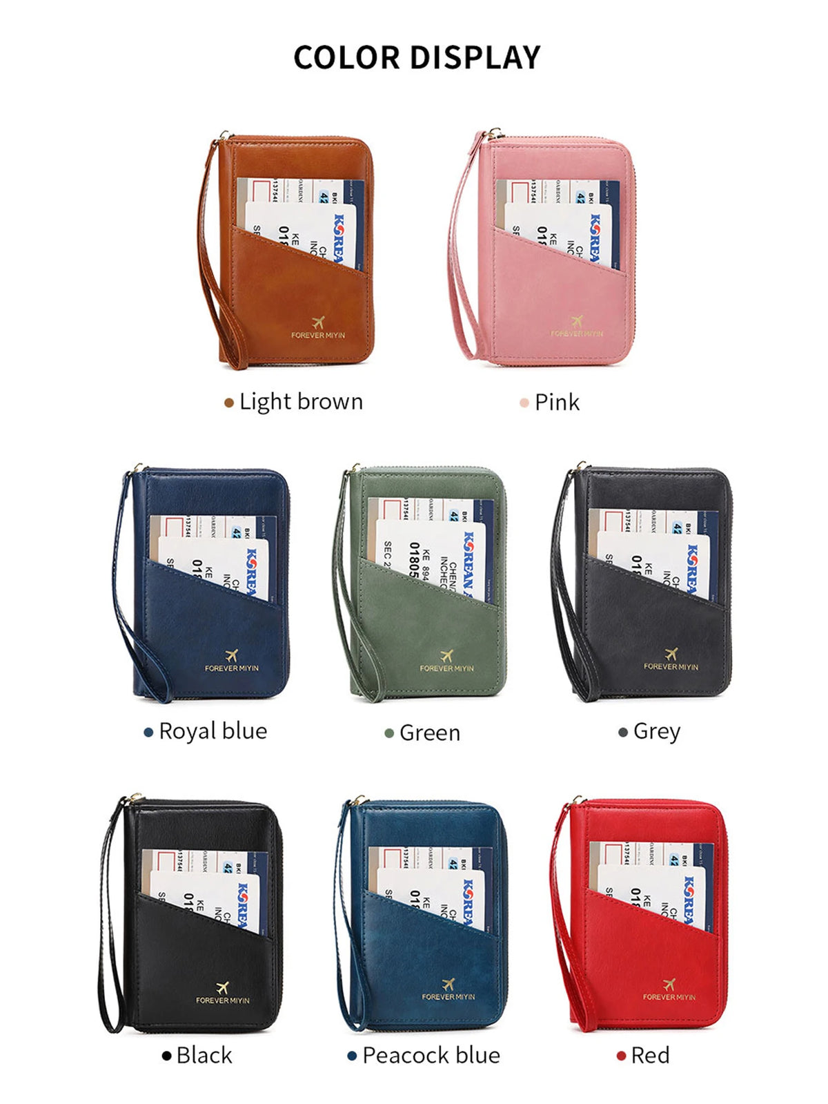 A display of various RFID-blocking passport wallets in colors including light brown, pink, royal blue, green, grey, black, pe