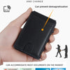 A black PU leather card holder wallet with a zipper pocket designed to prevent demagnetization.