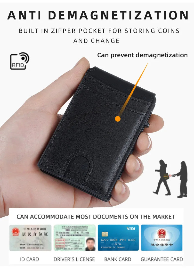 A black PU leather card holder wallet with a zipper pocket designed to prevent demagnetization.