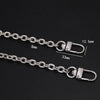 Silver metal chain strap for an adjustable crossbody bag, showing various lengths and hardware.