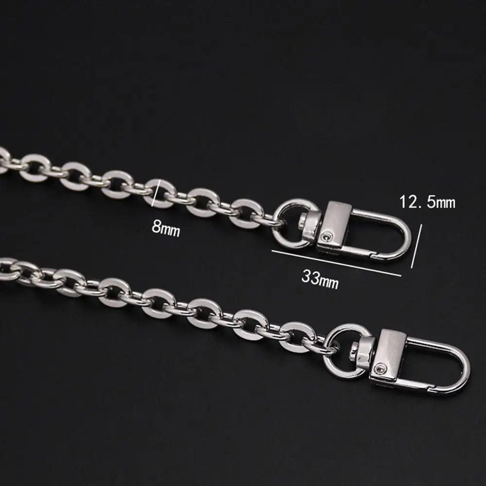 Silver metal chain strap for an adjustable crossbody bag, showing various lengths and hardware.