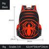 A black backpack with an orange spider design and straps shown from the back.