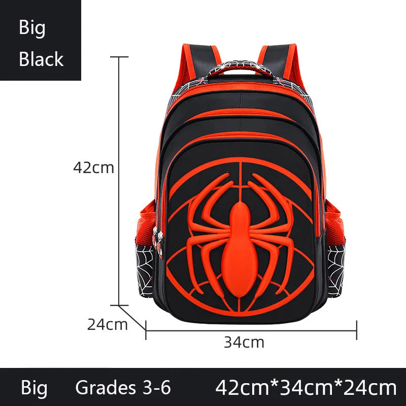 A black backpack with an orange spider design and straps shown from the back.