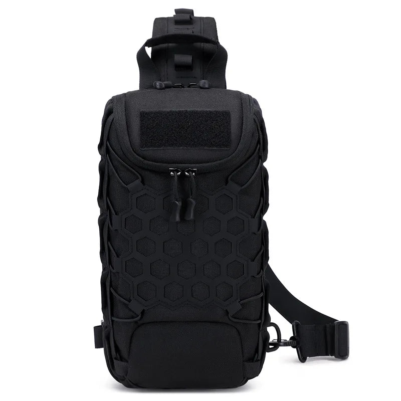 Black tactical multi-pocket sling bag with a padded back panel and shoulder strap