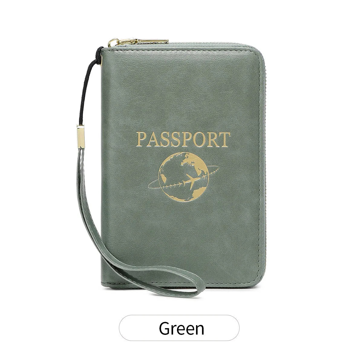A green passport holder wallet with a gold clasp and wrist strap, featuring a globe design.