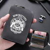 A black zippered card wallet featuring a white engraving of the Winchester Hunting Inc. logo and a separate small card holder