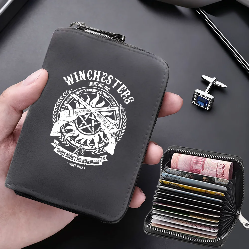 A black zippered card wallet featuring a white engraving of the Winchester Hunting Inc. logo and a separate small card holder