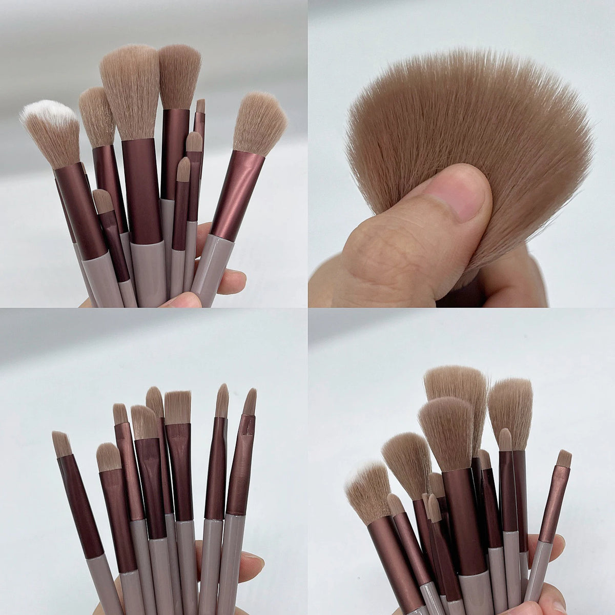 Una colección de trece brochas de maquillaje profesionales en varios tonos y tamaños para aplicación de sombra y base.