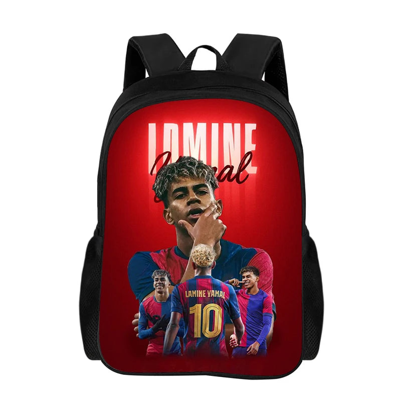 A red and black backpack featuring a graphic of a soccer player.