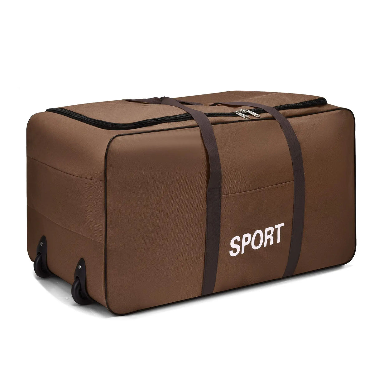 Braune, robuste Duffle-Tasche mit schwarzen Riemen und der Aufschrift SPORT.