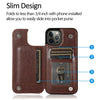 A brown leather wallet flip case for an iPhone showing internal card slots and a slim design feature.