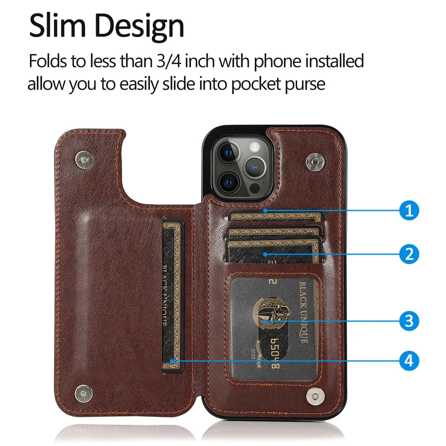 A brown leather wallet flip case for an iPhone showing internal card slots and a slim design feature.