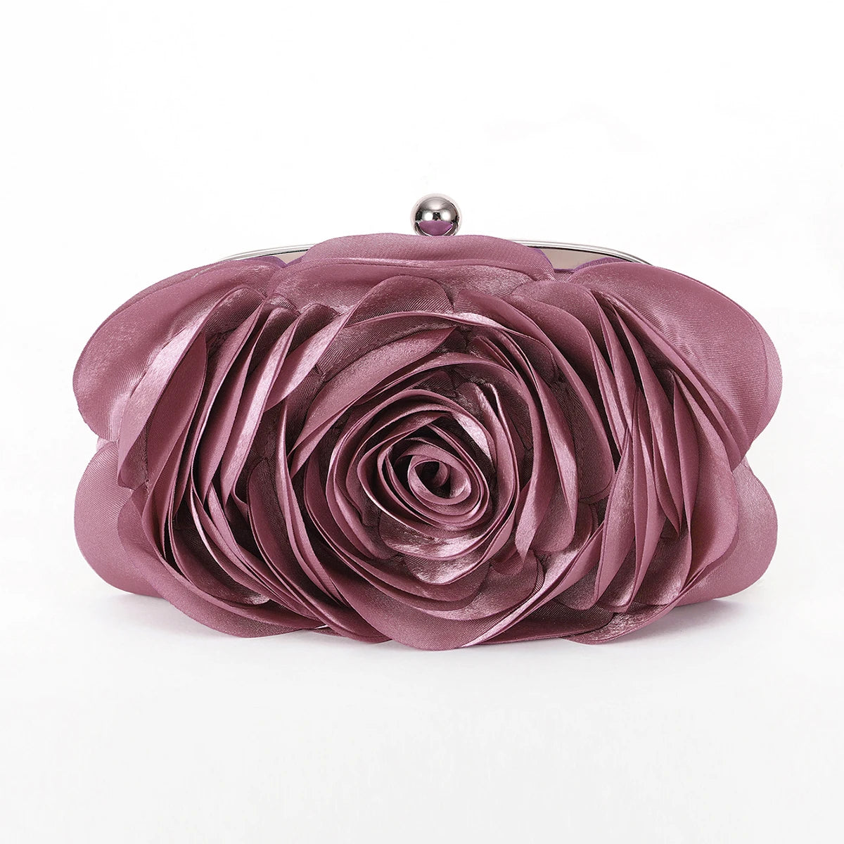 A mauve rose floral evening clutch bag with a silver chain strap.