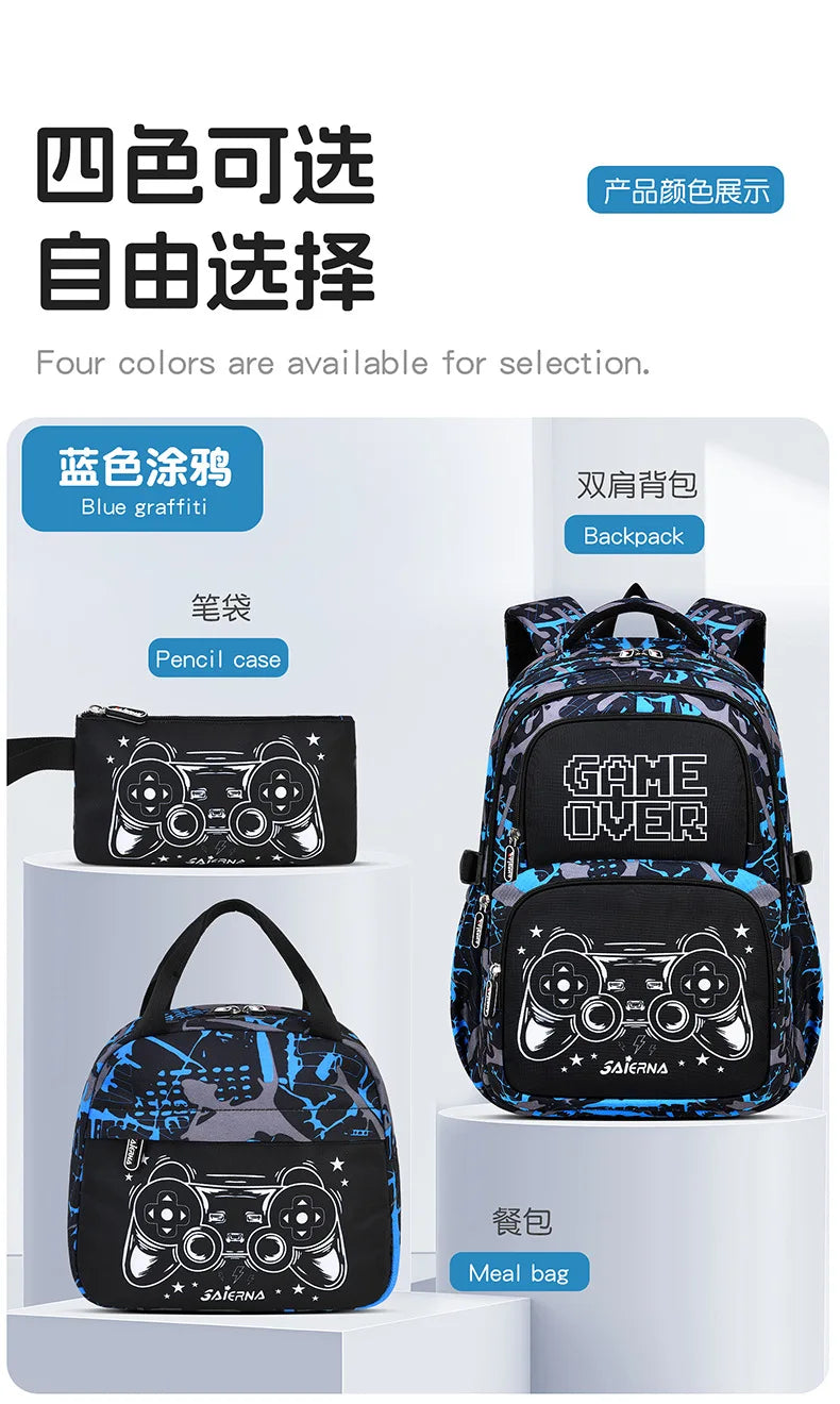 A set of four black and blue accessories including a pencil case, backpack, and meal bag for boys.