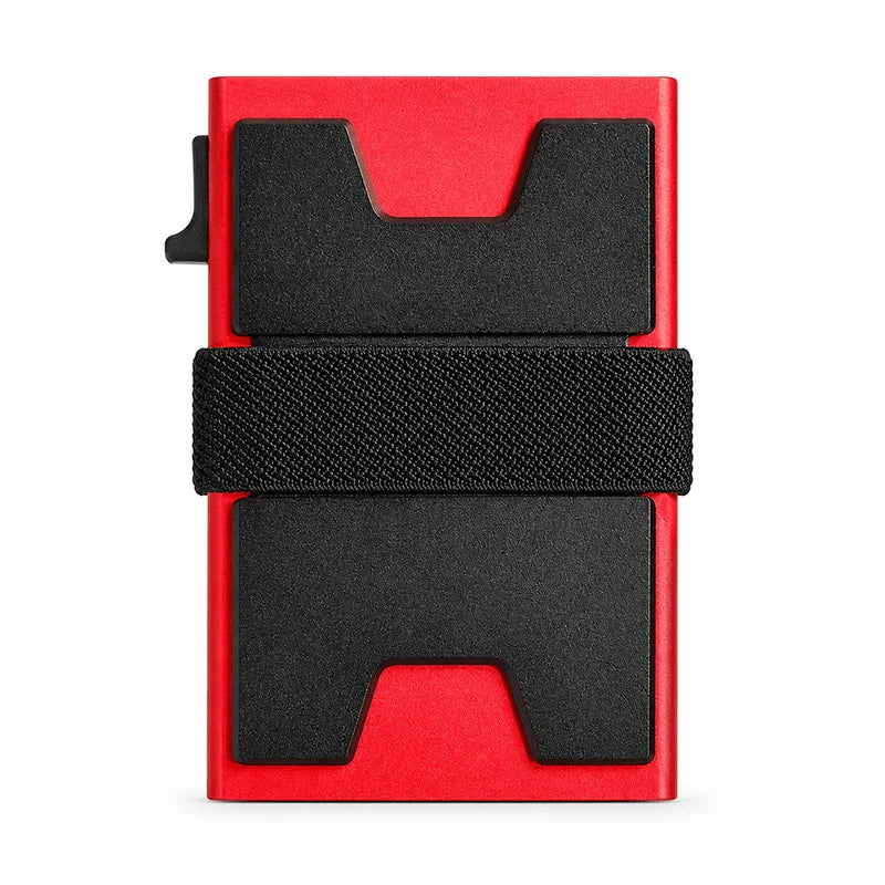 Porte-cartes anti-RFID minimaliste rouge et noir avec une sangle noire.