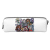 A white leather pencil case featuring a colorful illustration of magical girls and anime characters.