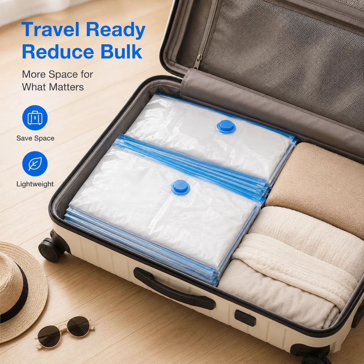 A travel-ready vacuum storage bag set inside a suitcase, demonstrating space-saving for clothes.