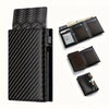 A black slim aluminum pop-up card holder with various card slots shown in different configurations.