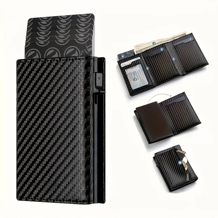 A black slim aluminum pop-up card holder with various card slots shown in different configurations.