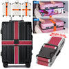 Adjustable luggage strap in pink and orange securing a suitcase, shown before and after usage.