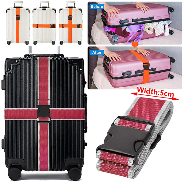 Adjustable luggage strap in pink and orange securing a suitcase, shown before and after usage.