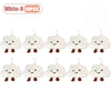 Ten white cloud-shaped plush keychains and brooch pins with small stitched faces