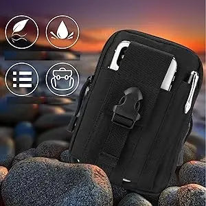 Black tactical EDC waist pouch featuring multiple compartments for phone and tools
