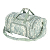 A light green and gray camouflage travel duffel bag with padded straps.