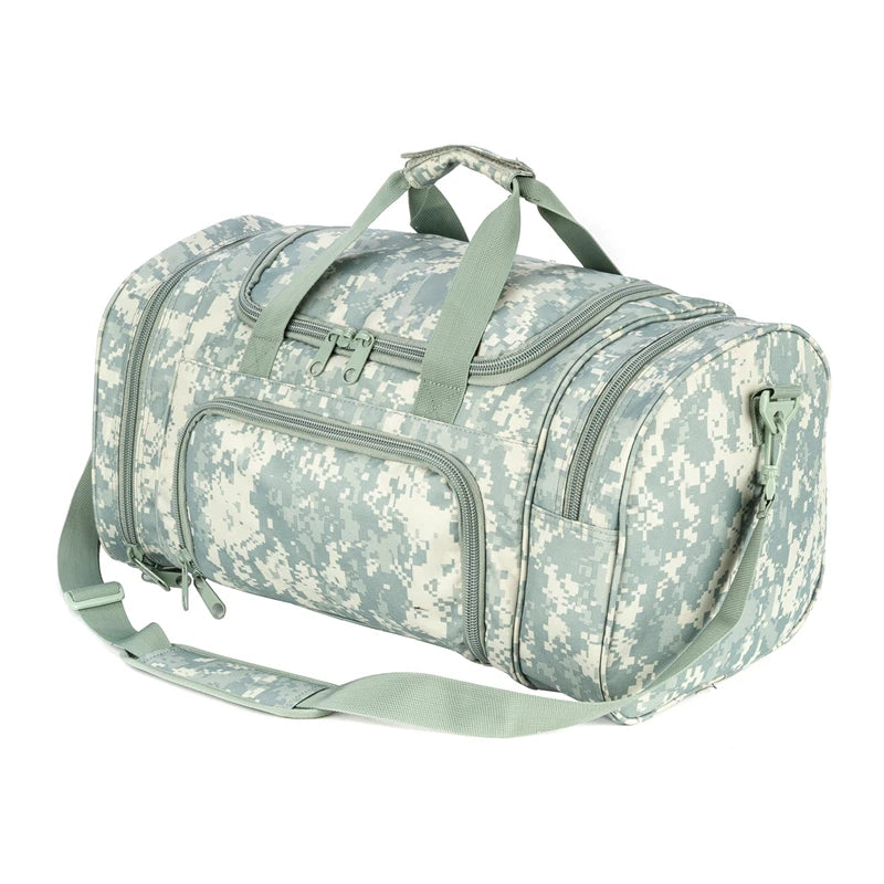 A light green and gray camouflage travel duffel bag with padded straps.