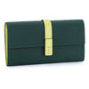 A dark green genuine cow leather bifold wallet with a light yellow strap.