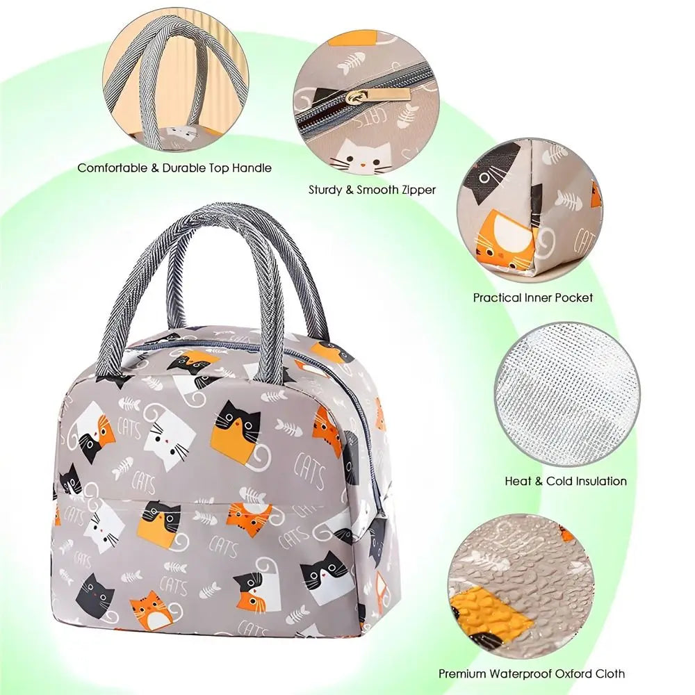 Tote bag en tissu oxford gris clair réutilisable avec motif de chat et fermeture éclair.