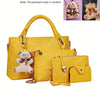 A yellow fashion embossed PU handbag set featuring a main bag and a smaller wallet, with bear pendant charms.